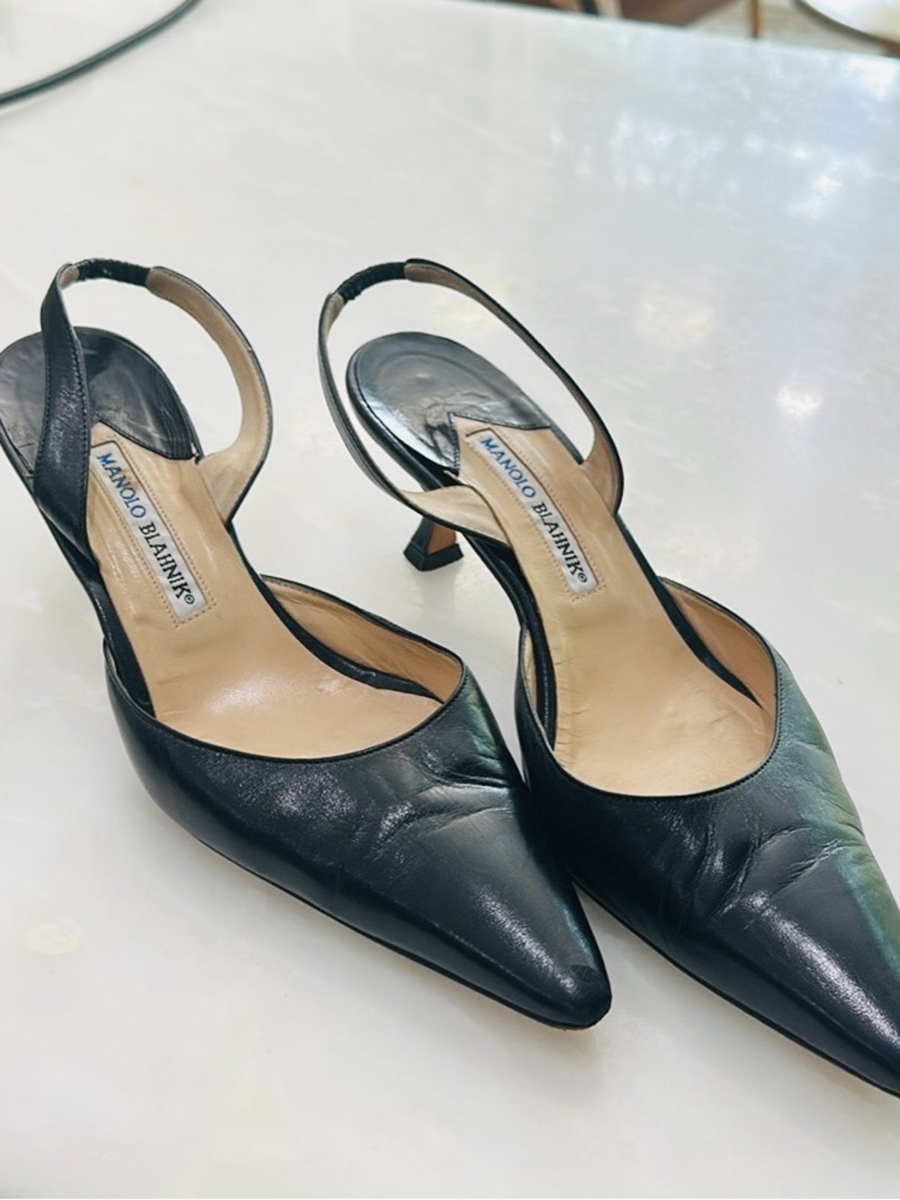 Manolo Blahnik Black Leather Pointed Slingback Pumps